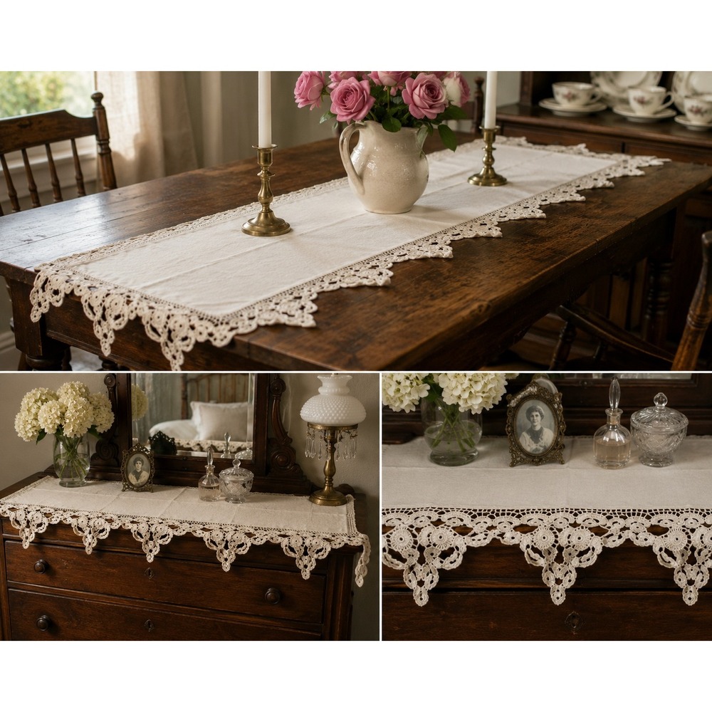 Vintage Handmade Crochet Lace Table Runner Dresser Scarf Cream 60x16 1920s 1940s